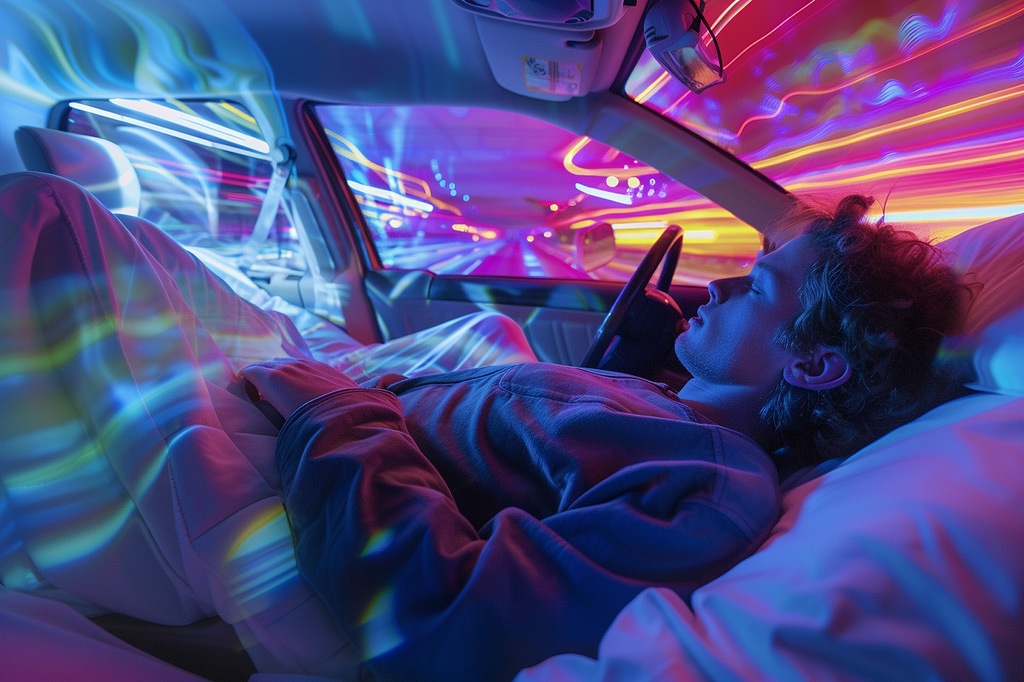 Person schläft im Auto und erlebt einen intensiven Traum, an den illustrativen Farben erkennbar.