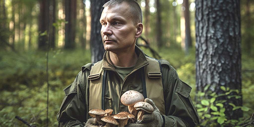 Guerilla-Mann erntet Pilze im Wald